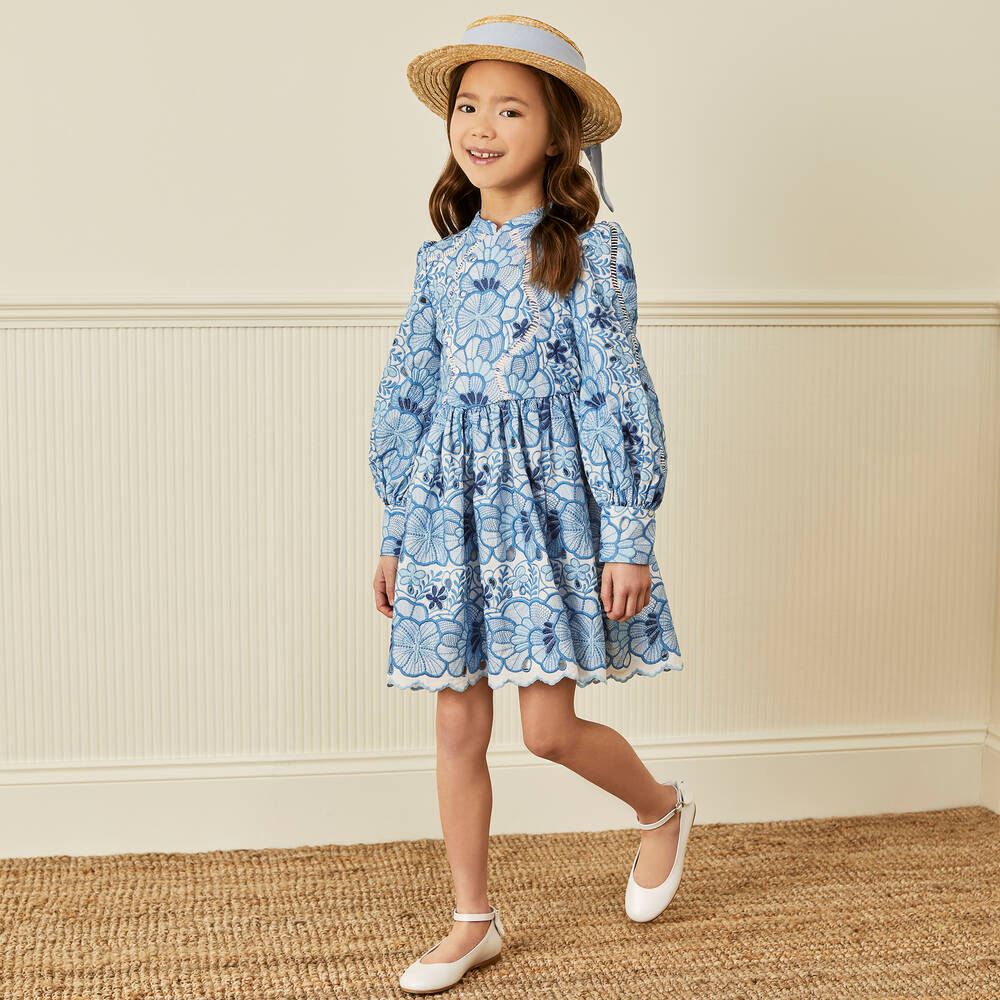 Marlo Kids-Girls Blue Cotton Floral Dress | Childrensalon
