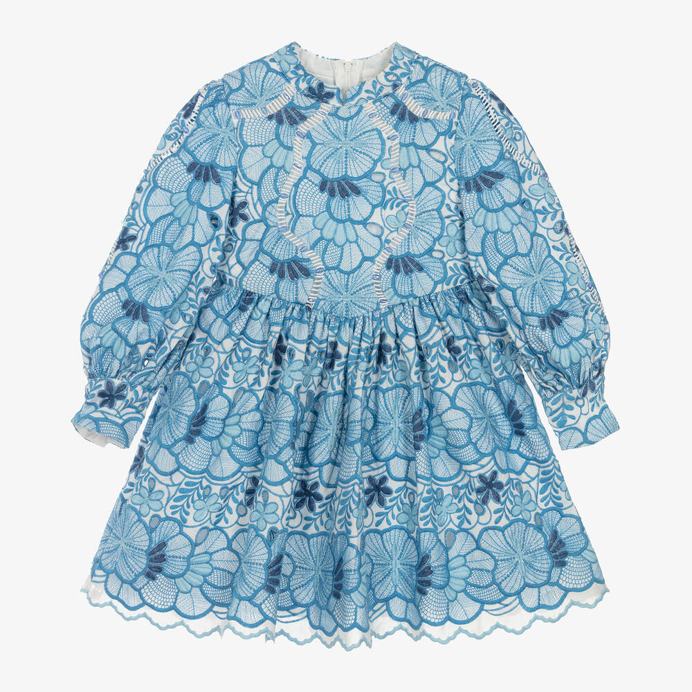 Marlo Kids - Girls Blue Cotton Floral Dress | Childrensalon