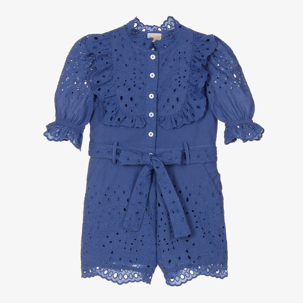 Marlo Kids - Girls Blue Embroidered Cotton Playsuit | Childrensalon