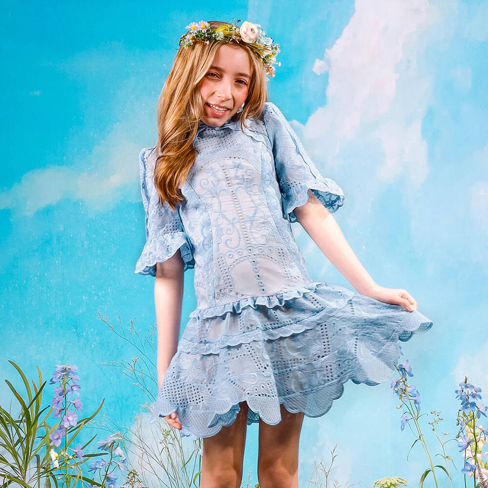 Marlo Kids-Girls Blue Embroidered Cutwork Dress | Childrensalon