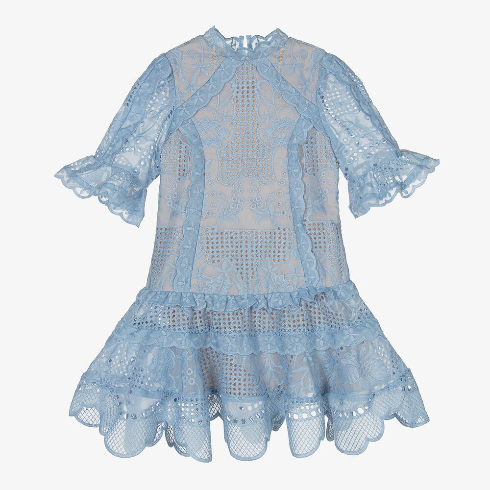Marlo Kids - Girls Blue Embroidered Cutwork Dress | Childrensalon