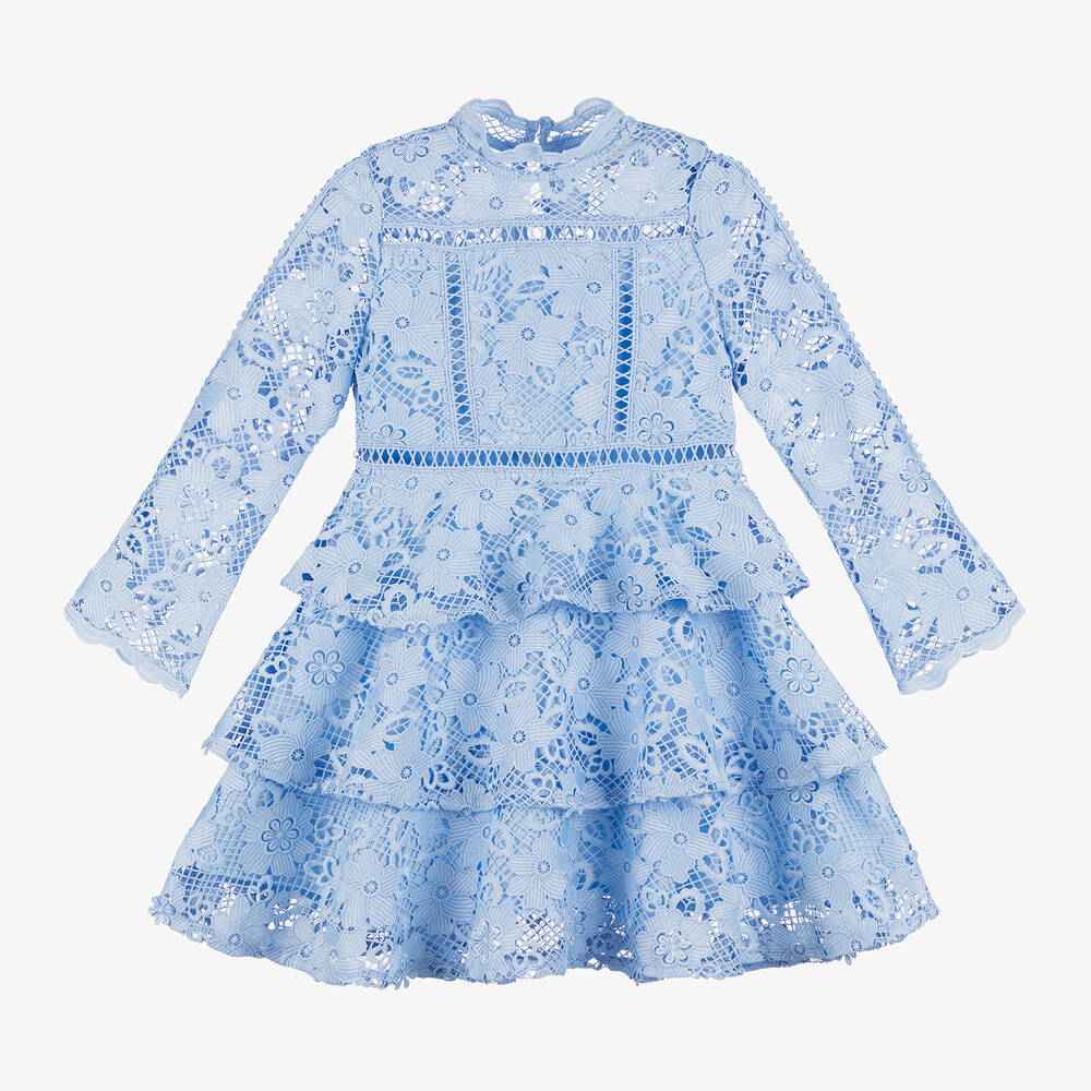 Marlo Kids - Girls Blue Guipure Lace Floral Dress | Childrensalon