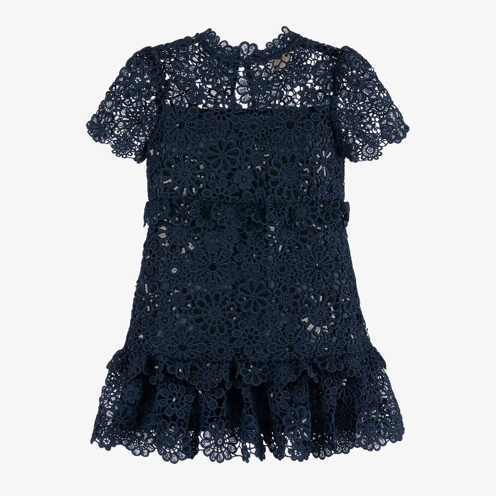 Marlo Kids - Girls Blue Sequinned Lace Dress | Childrensalon