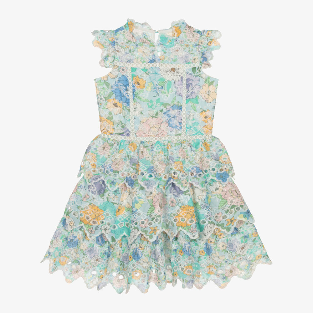 Marlo Kids - Girls Pale Blue Floral Cotton Dress | Childrensalon