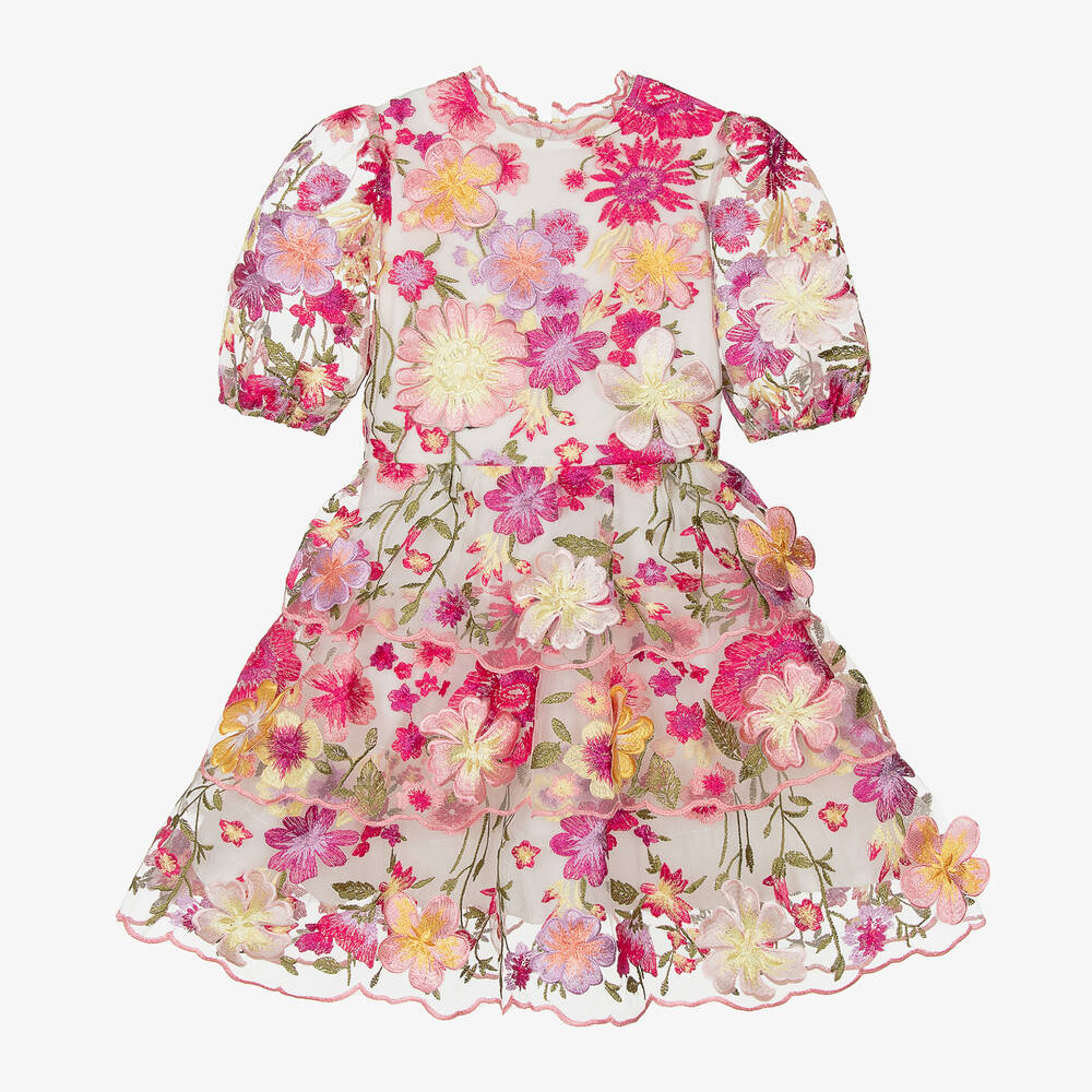 Marlo Kids - Girls Pink Embroidered Tulle Dress | Childrensalon