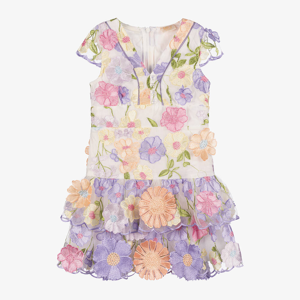 Marlo Kids - Girls White Embroidered Tulle Flower Dress | Childrensalon