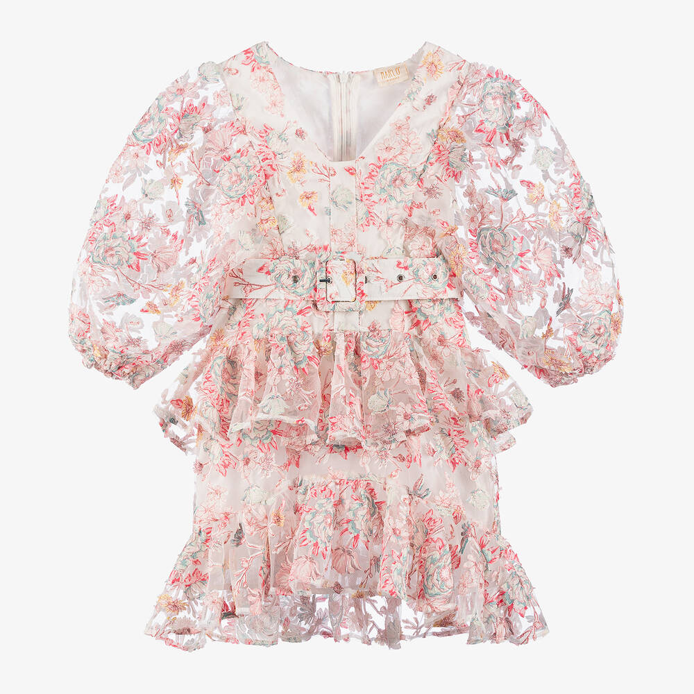 Marlo Kids - Girls White & Pink Floral Tulle Dress | Childrensalon