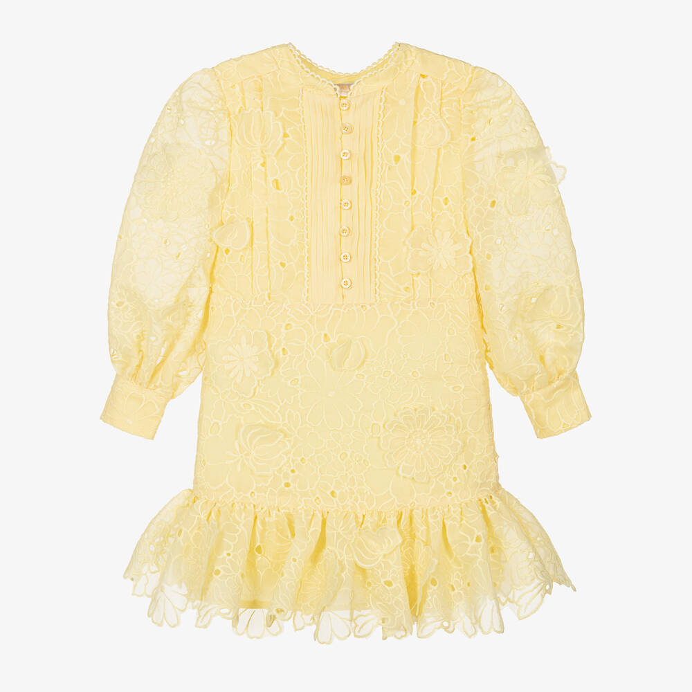 Marlo Kids - Girls Yellow Broderie Anglaise Floral Dress | Childrensalon