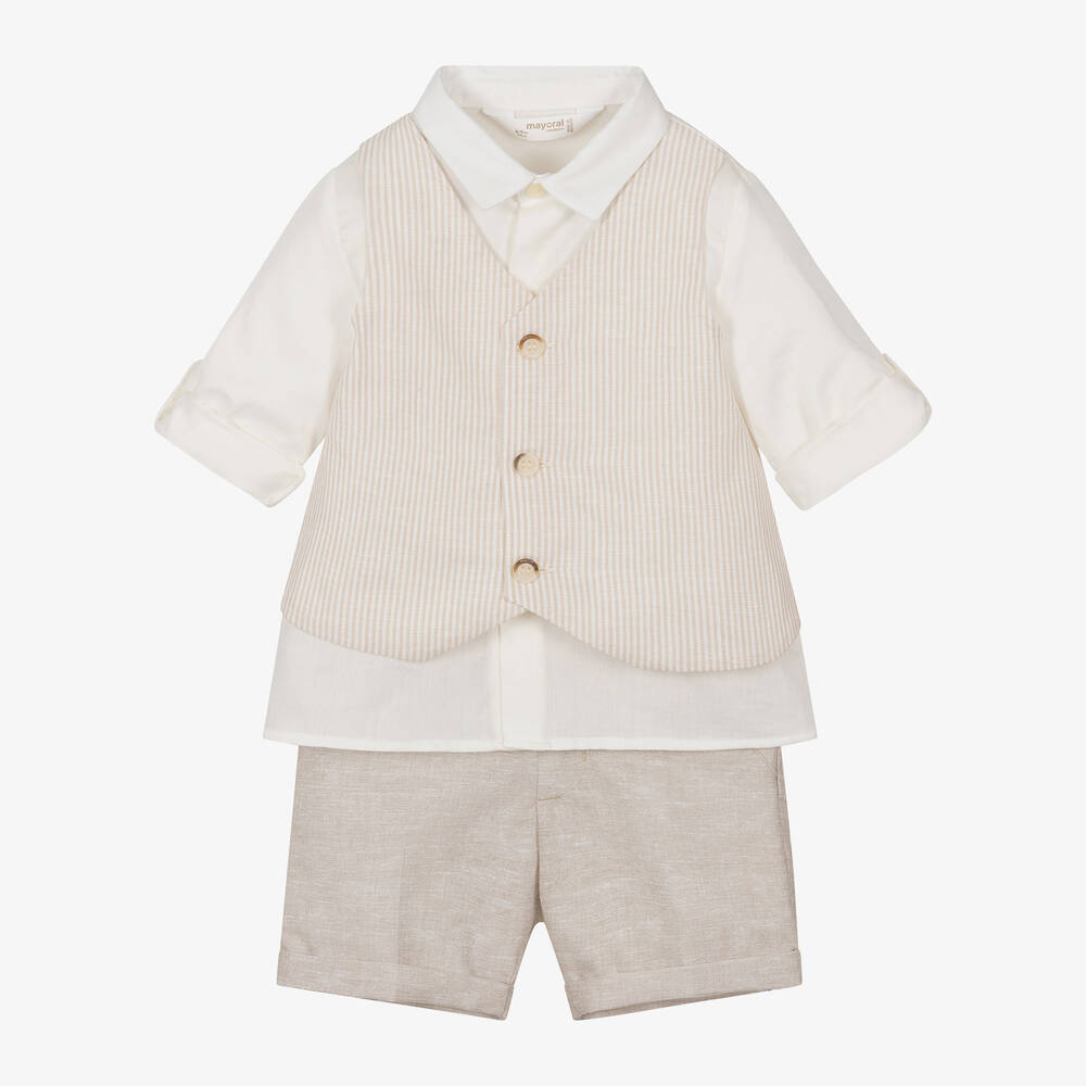 Mayoral Newborn - Baby Boys Beige Cotton & Linen Shorts Set | Childrensalon