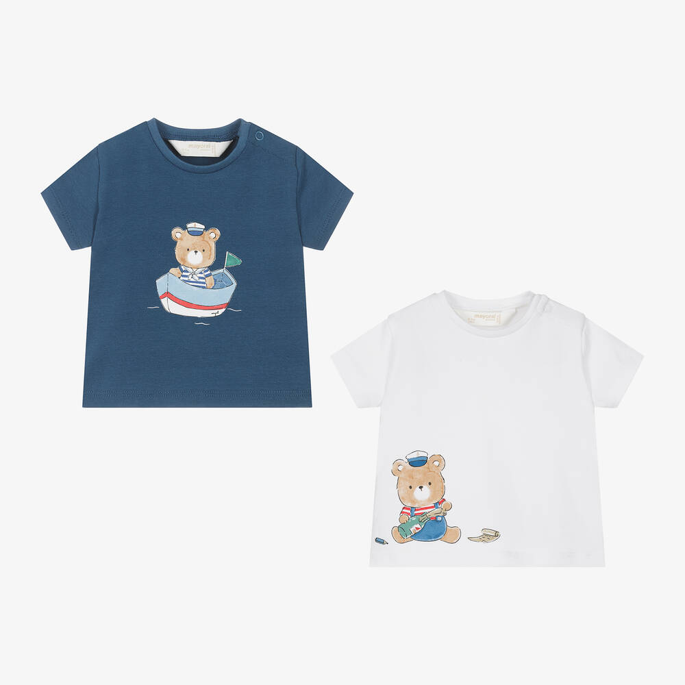 Mayoral - Белая и синяя футболки с медвежонком для малышей (2шт.) | Childrensalon