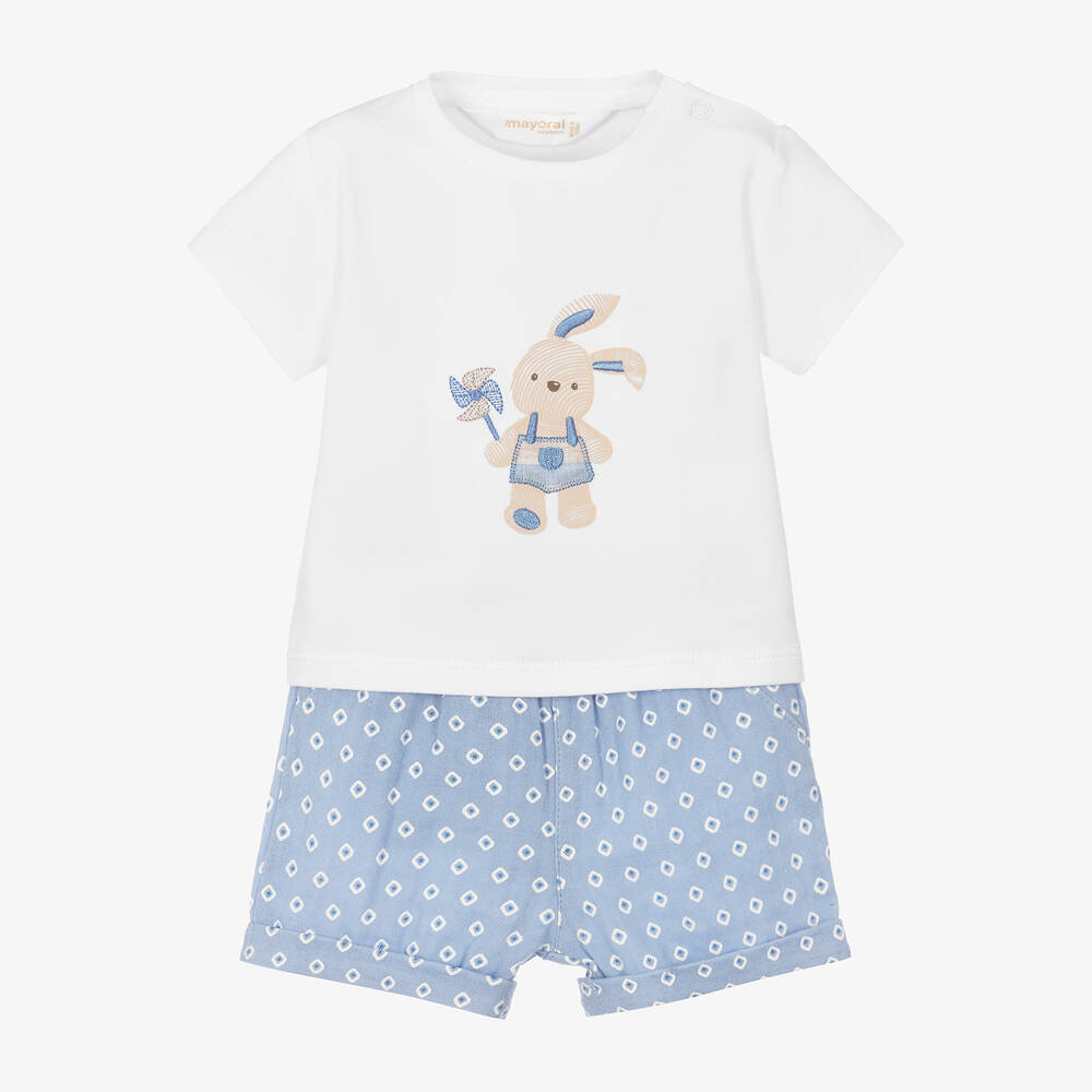 Mayoral Newborn - Baby Boys Blue Cotton Bunny Shorts Set | Childrensalon