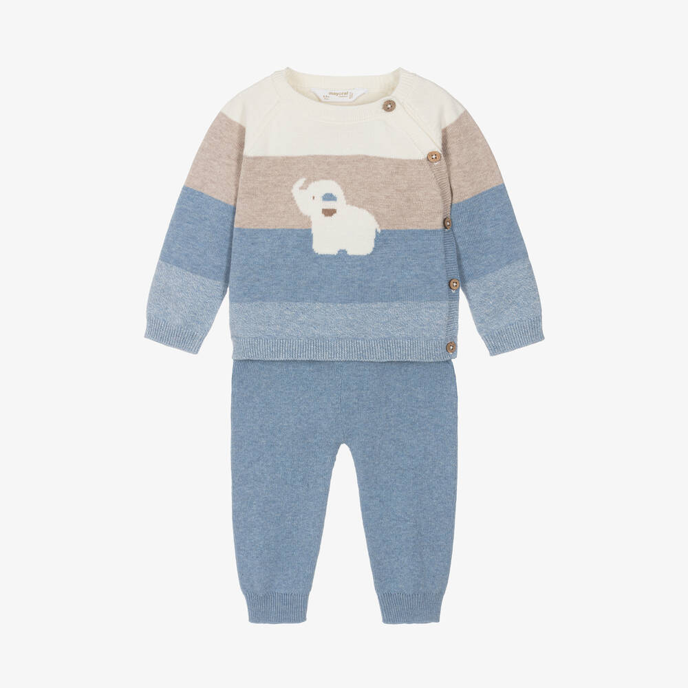 Mayoral Newborn - Baby Boys Blue Cotton Knit Trouser Set | Childrensalon