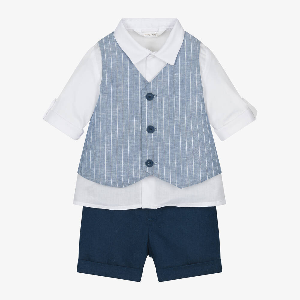 Mayoral Newborn - Baby Boys Blue Cotton & Linen Shorts Set | Childrensalon