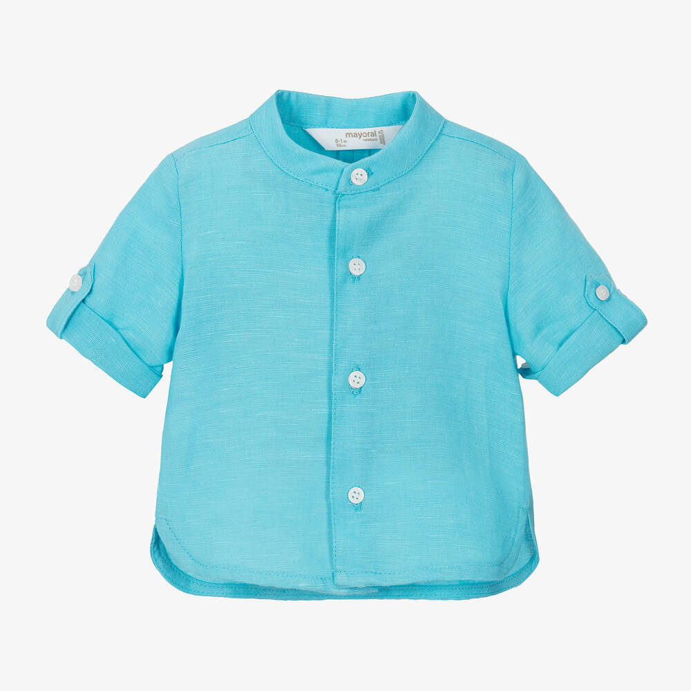 Mayoral Newborn - Baby Boys Blue Linen & Cotton Shirt | Childrensalon