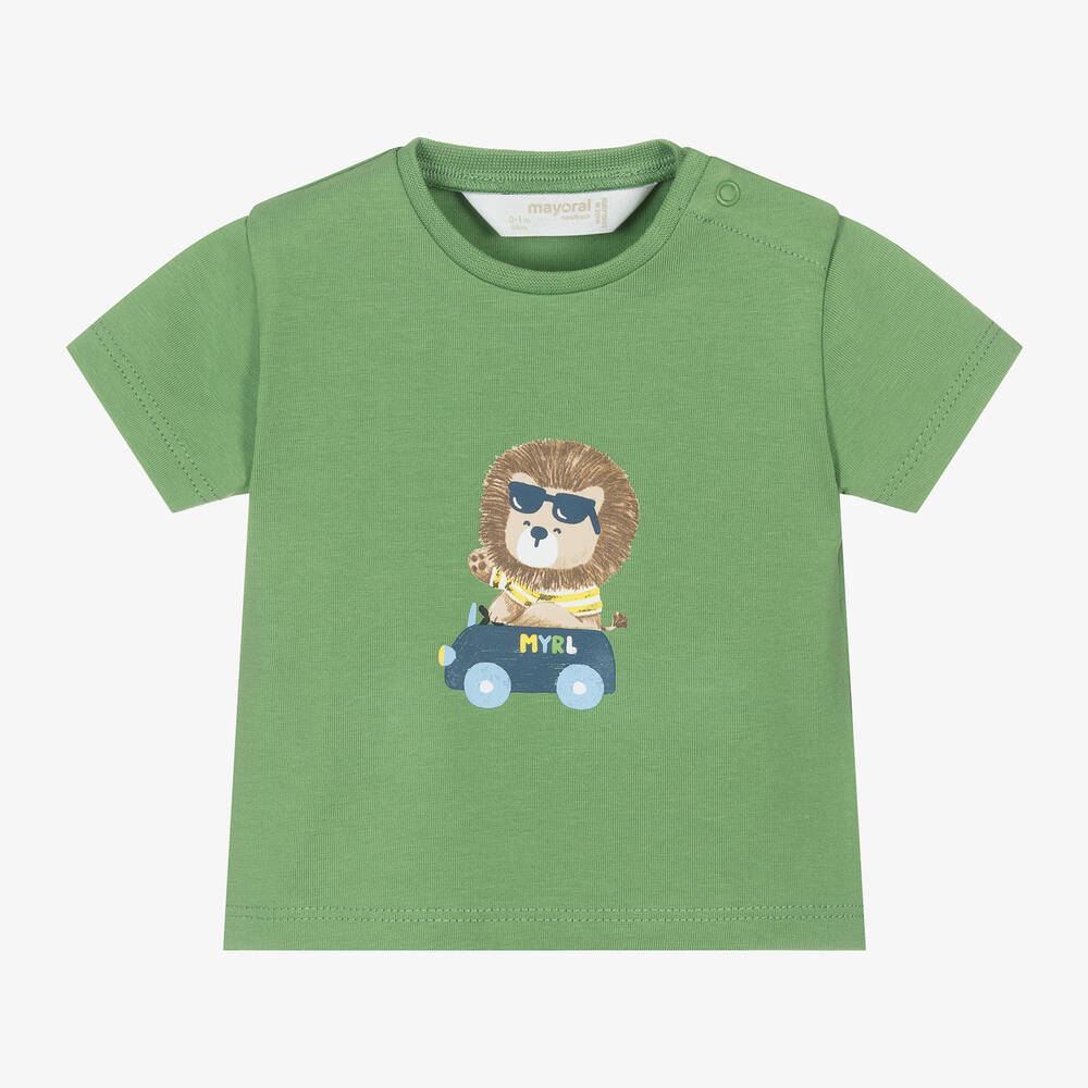 Mayoral Newborn - Baby Boys Green Cotton Lion T-Shirt | Childrensalon