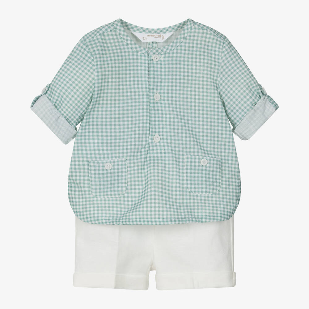 Mayoral - Зеленая рубашка в клетку и шорты из хлопка для малышей | Childrensalon