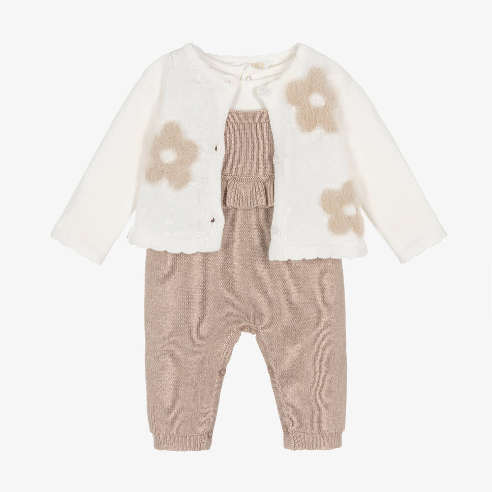 Mayoral Newborn - Baby Girls Beige Cotton Dungaree Set | Childrensalon