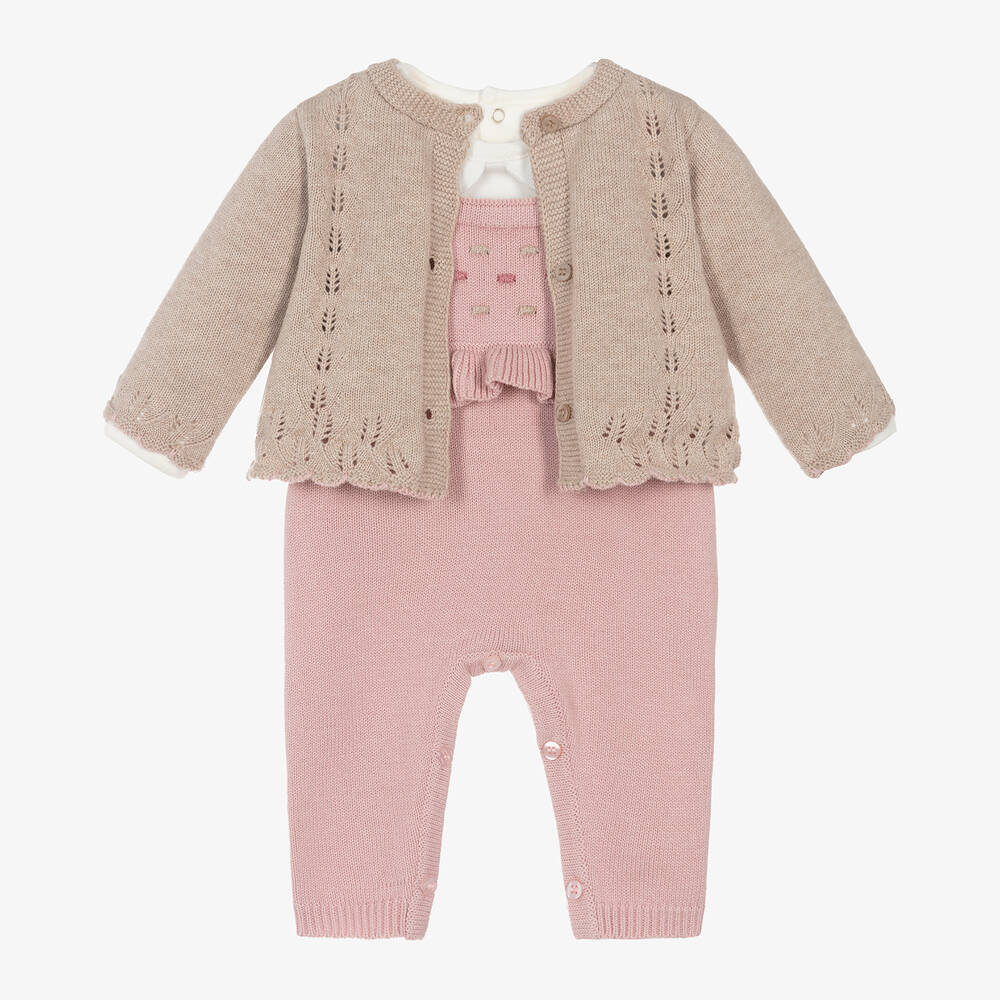 Mayoral Newborn - Baby Girls Beige Cotton Knit Dungaree Set | Childrensalon