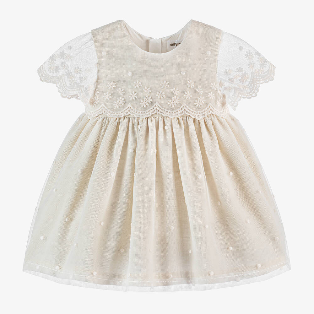 Shop Mayoral Baby Girls Beige Embroidered Tulle Dress