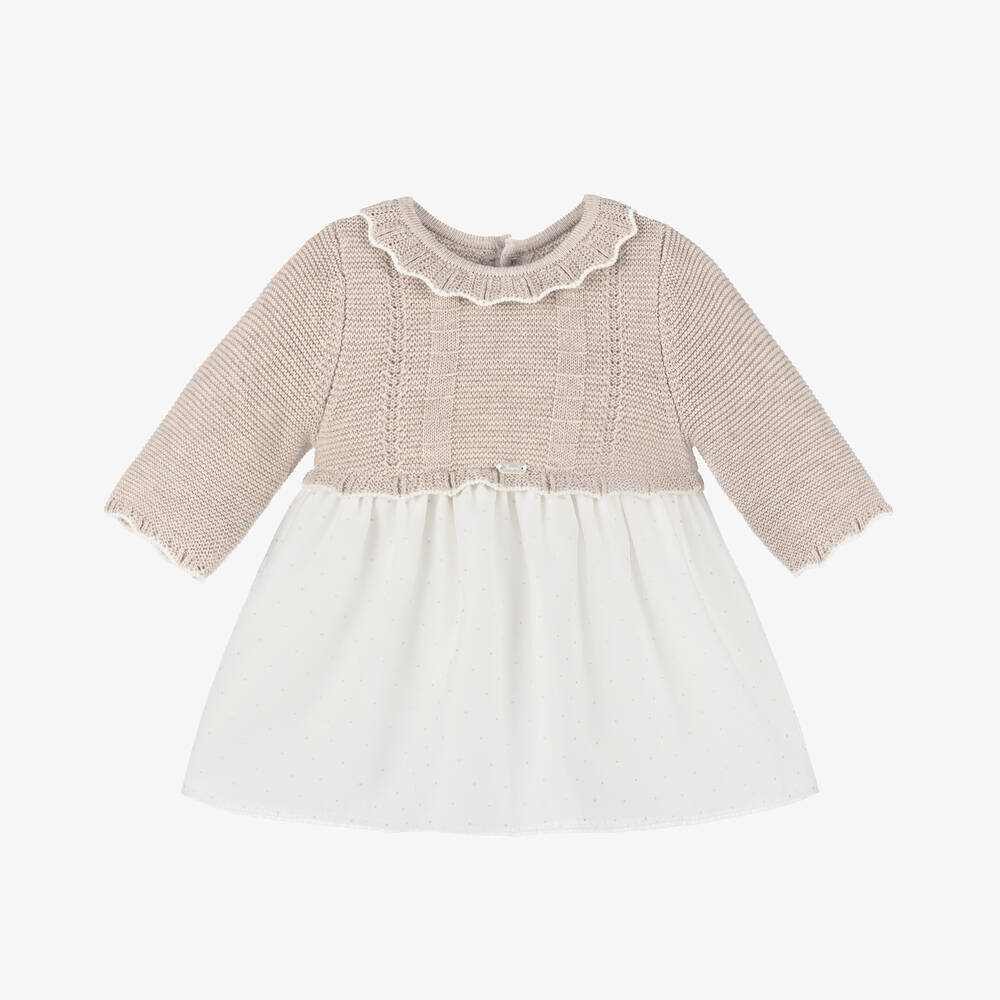 Mayoral Newborn - Baby Girls Beige Knit & Organza Dress | Childrensalon