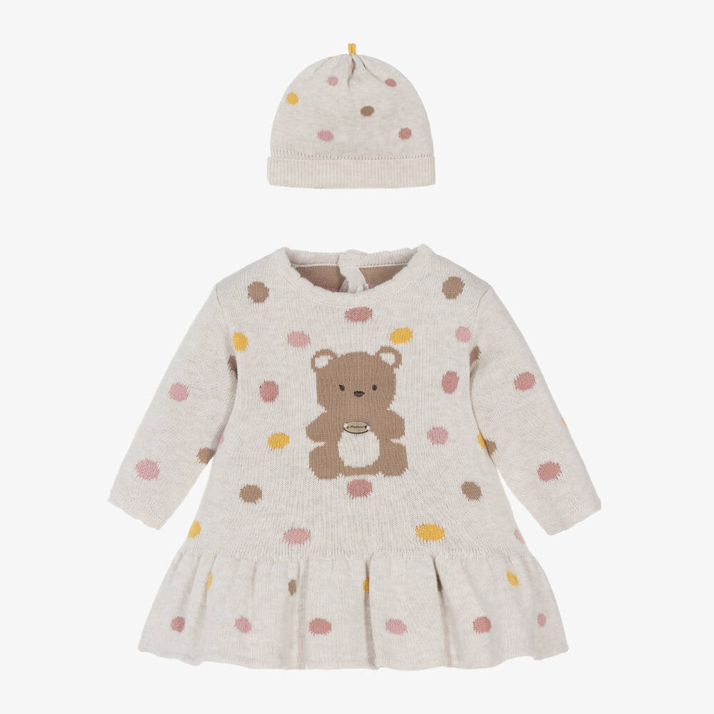 Mayoral Newborn - Baby Girls Beige Knitted Cotton Dress Set | Childrensalon