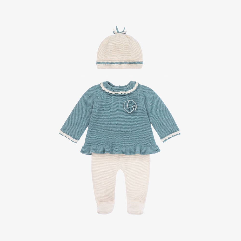 Mayoral Newborn - Baby Girls Blue Cotton Knit Babysuit Set | Childrensalon