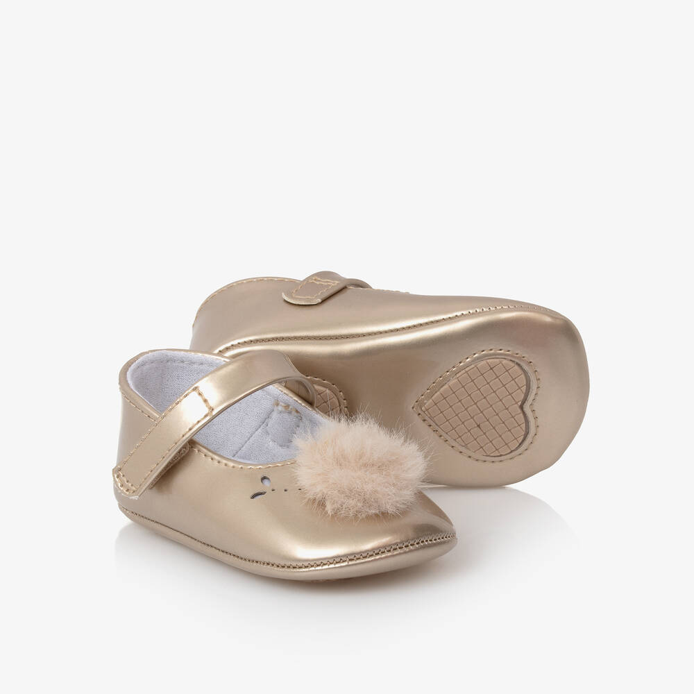 Mayoral Newborn - Baby Girls Gold Pom-Pom Pre-Walker Shoes | Childrensalon