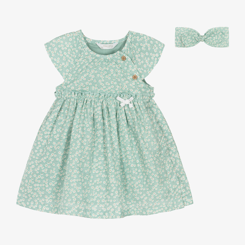 Mayoral - طقم فستان قطن لون أخضر بطبعة ورود للمولودات | Childrensalon