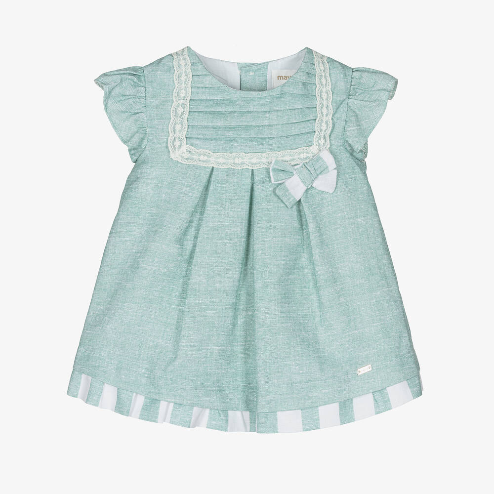 Mayoral - Baby Girls Green Linen Dress  | Childrensalon