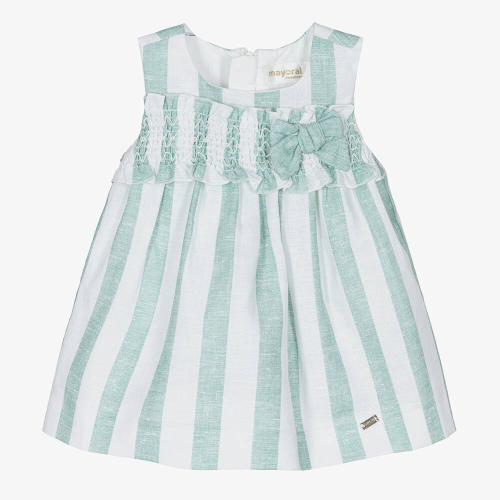 Mayoral - Robe rayée en lin vert et blanc bébé fille | Childrensalon