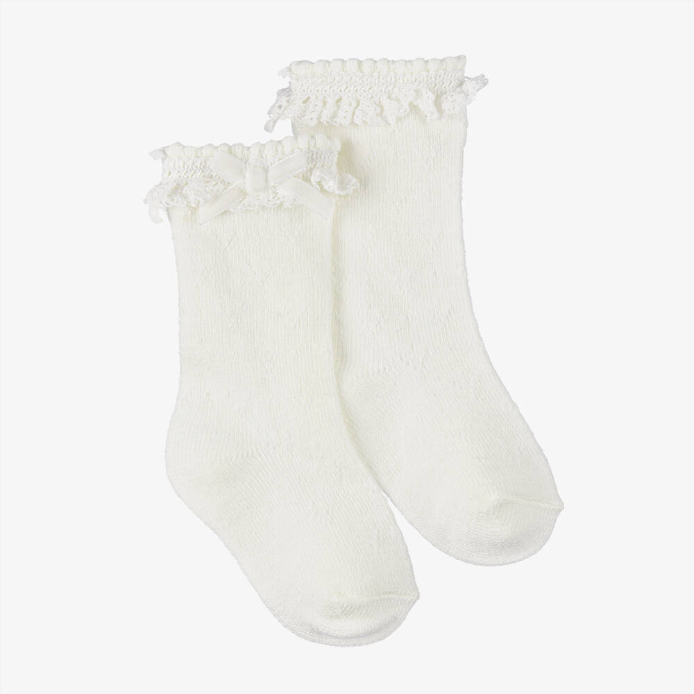 Mayoral Newborn - Baby Girls Ivory Cotton Lace Frill Socks | Childrensalon