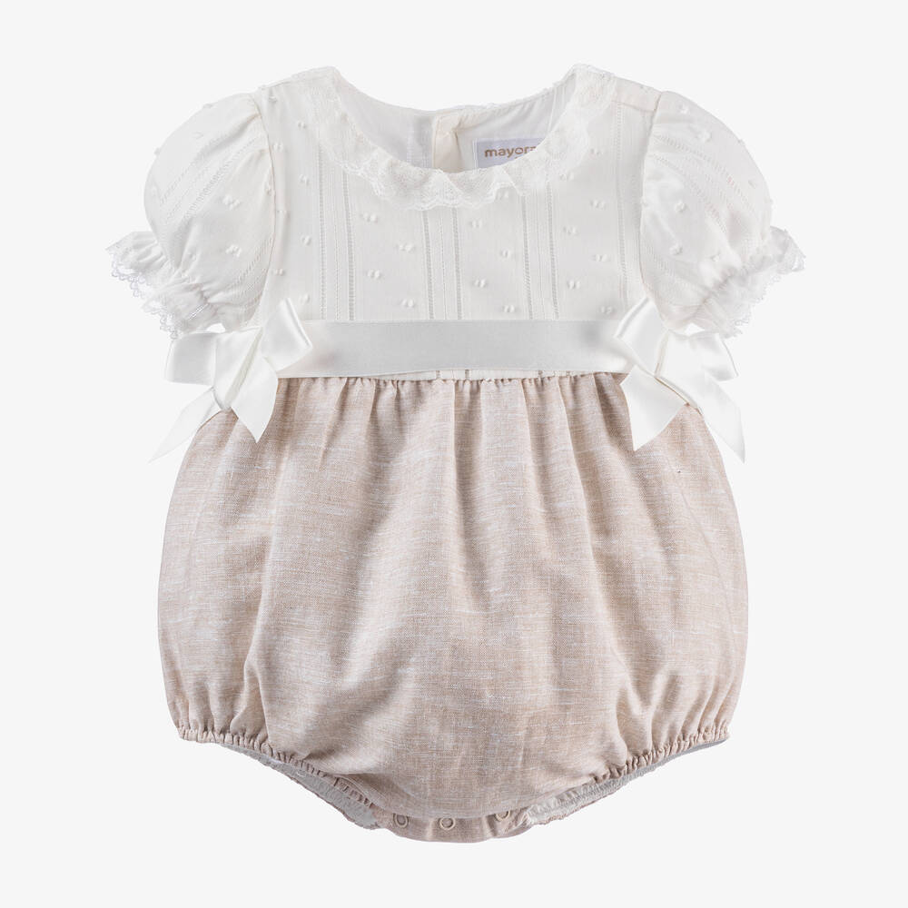 Shop Mayoral Newborn Baby Girls Ivory Cotton & Linen Shortie In Beige