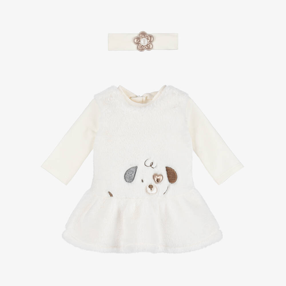 Mayoral Newborn - Baby Girls Ivory Faux Fur Dress Set | Childrensalon