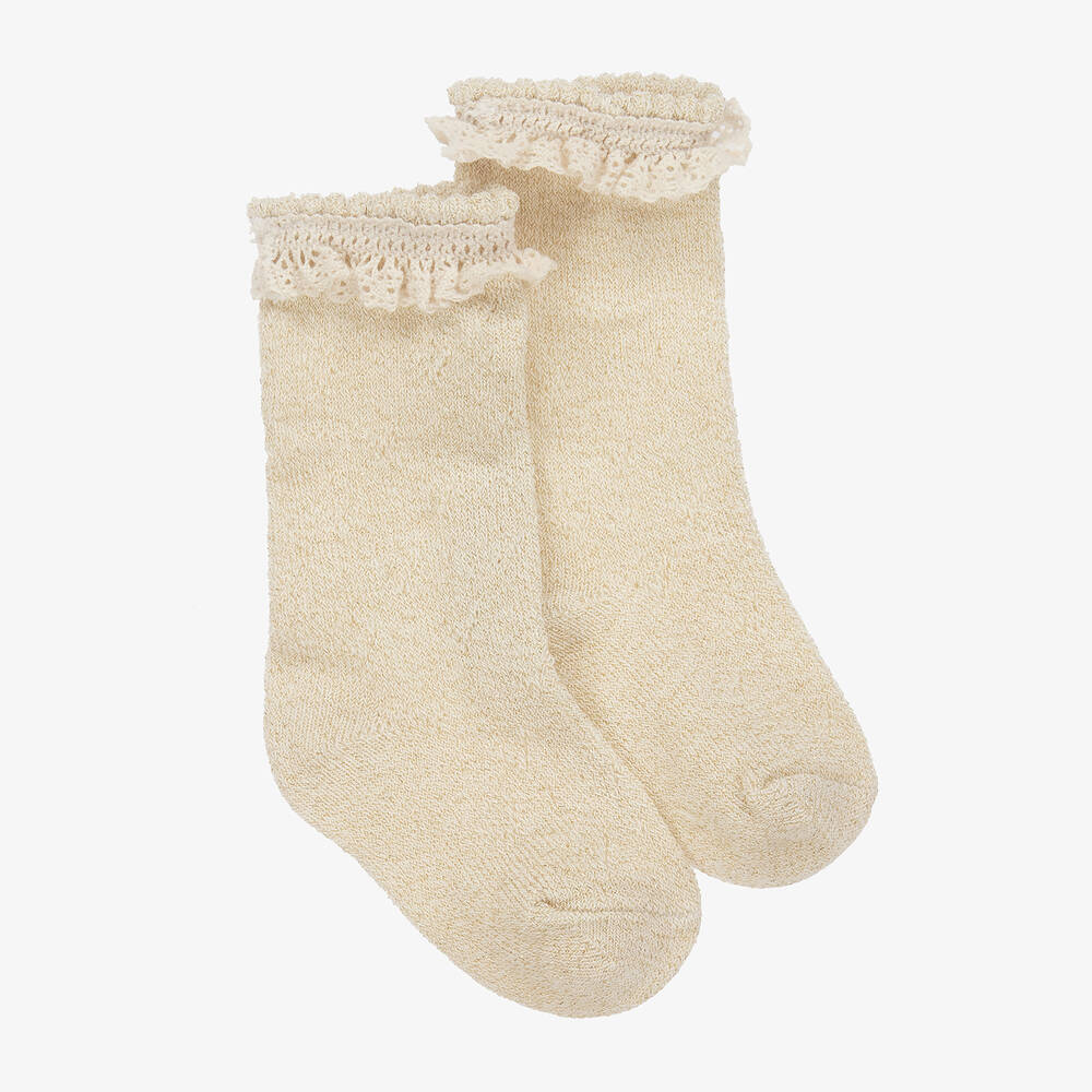 Mayoral Newborn - Baby Girls Ivory & Gold Cotton Lace Frill Socks | Childrensalon