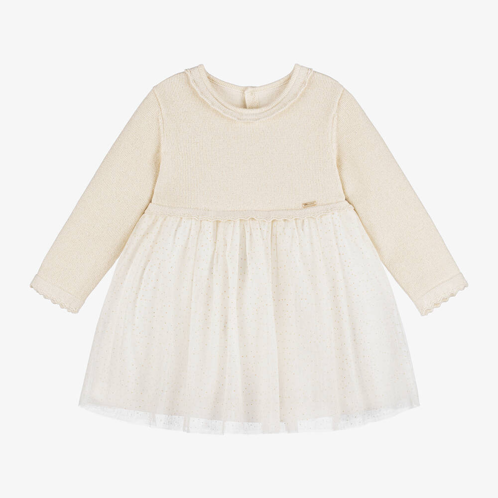 Mayoral Newborn - Baby Girls Ivory Knit & Tulle Dress | Childrensalon