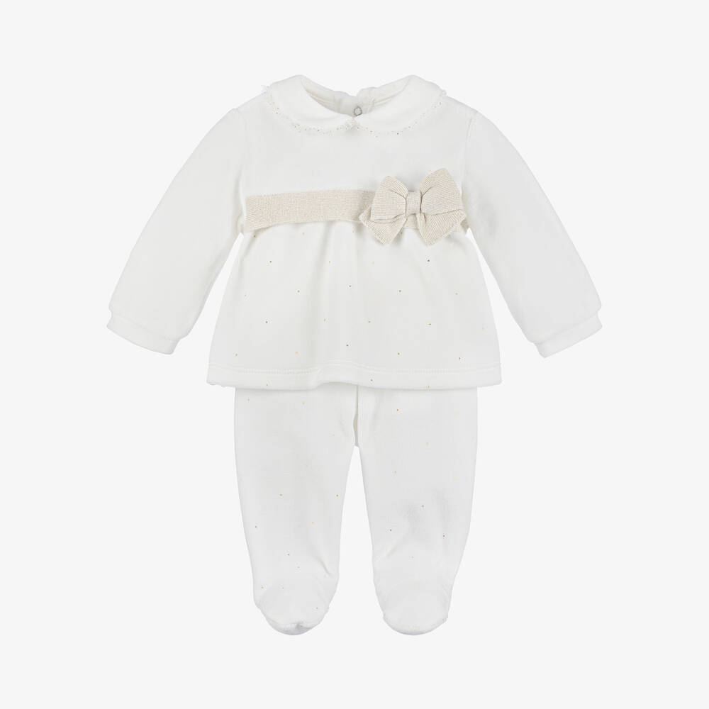 Mayoral Newborn - Baby Girls Ivory Velour 2 Piece Babygrow | Childrensalon