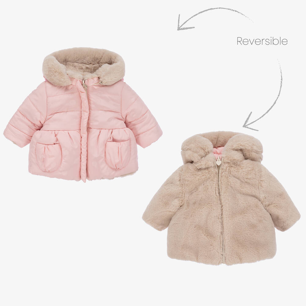 Mayoral - Baby Girls Pink & Beige Reversible Coat | Childrensalon