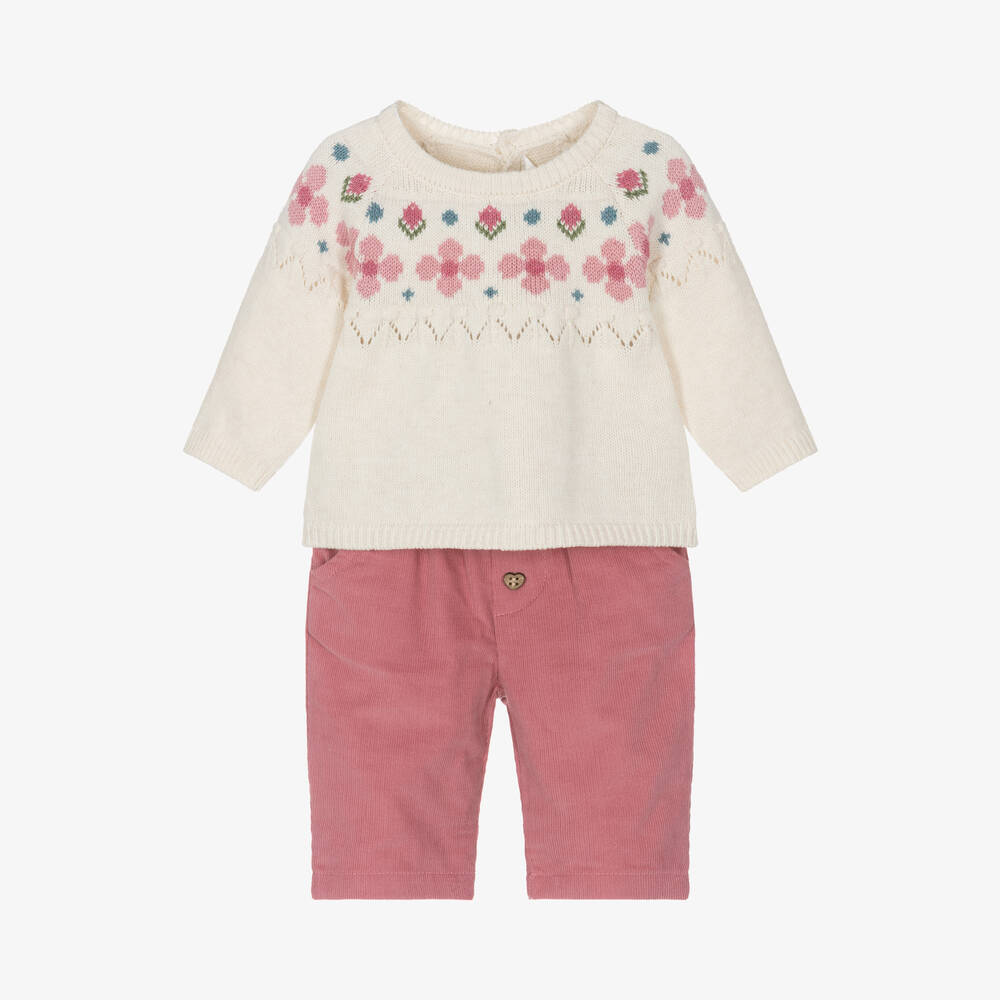 Mayoral Newborn - Baby Girls Pink Corduroy Trousers Set | Childrensalon