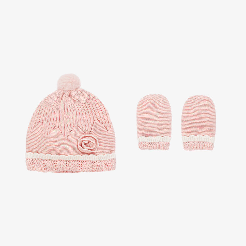 Mayoral Newborn - Baby Girls Pink Cotton Hat & Mittens Set | Childrensalon