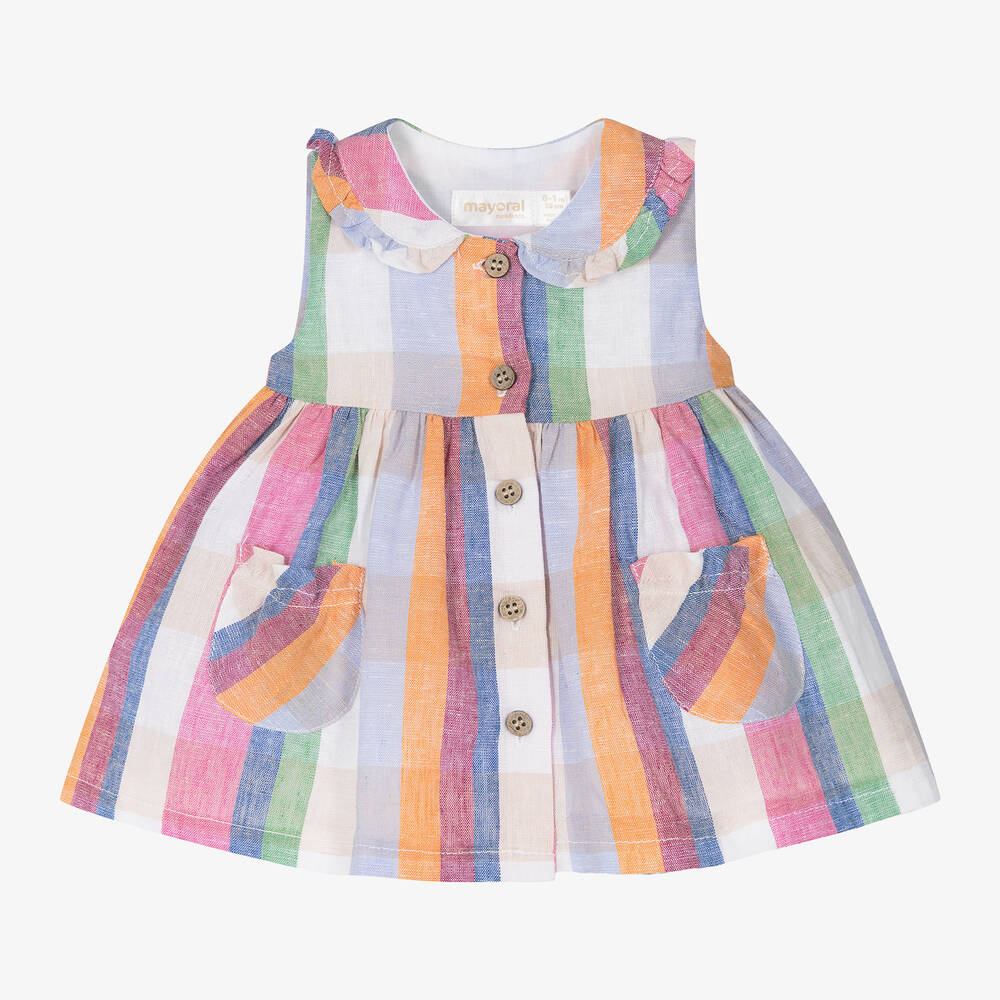 Mayoral - Baby Girls Pink Cotton & Linen Check Dress | Childrensalon