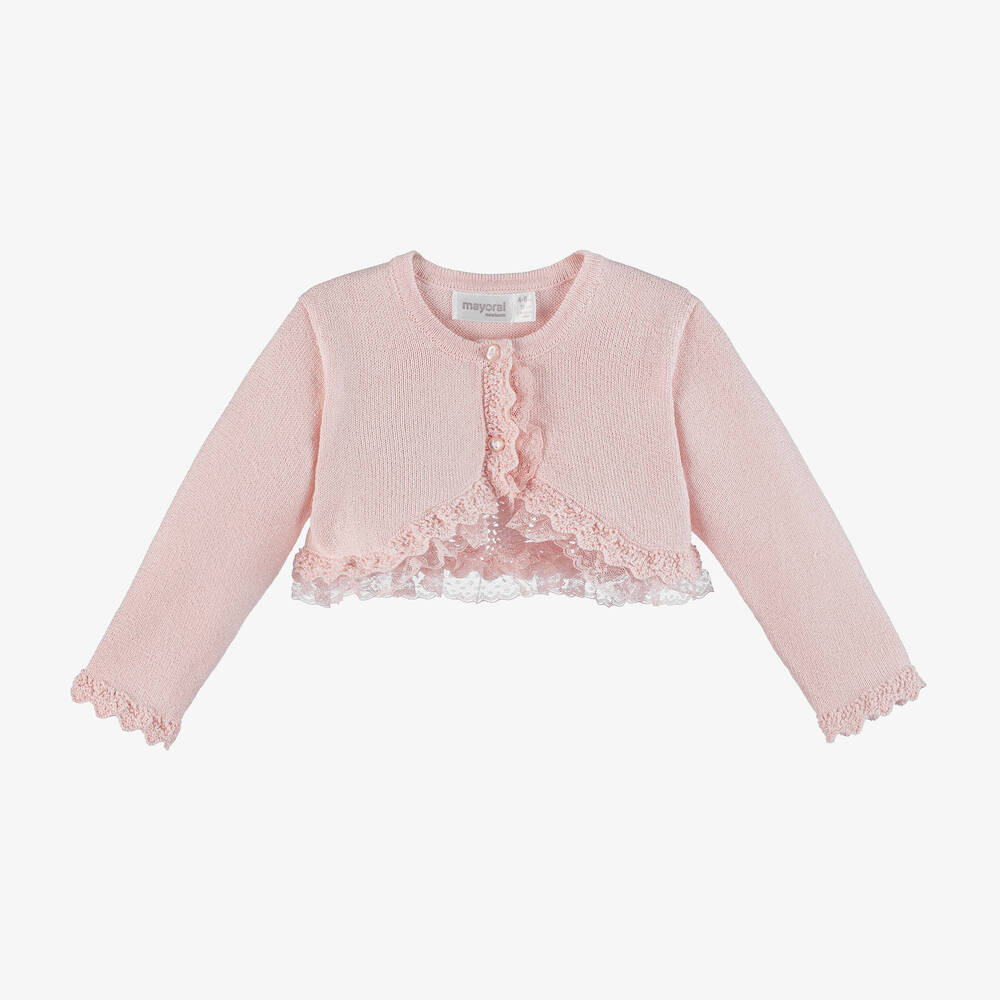 Mayoral - Baby Girls Pink Knit & Lace Cardigan | Childrensalon