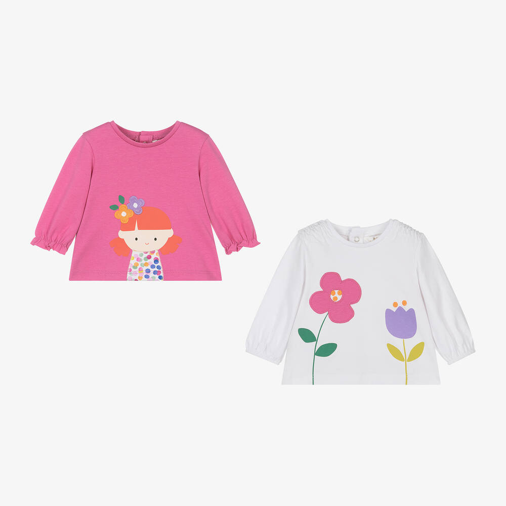 Mayoral - Baby Girls Pink & White Cotton Tops (2 Pack) | Childrensalon