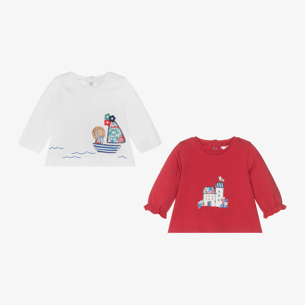 Mayoral - Baby Girls Red & White Cotton Tops (2 Pack) | Childrensalon