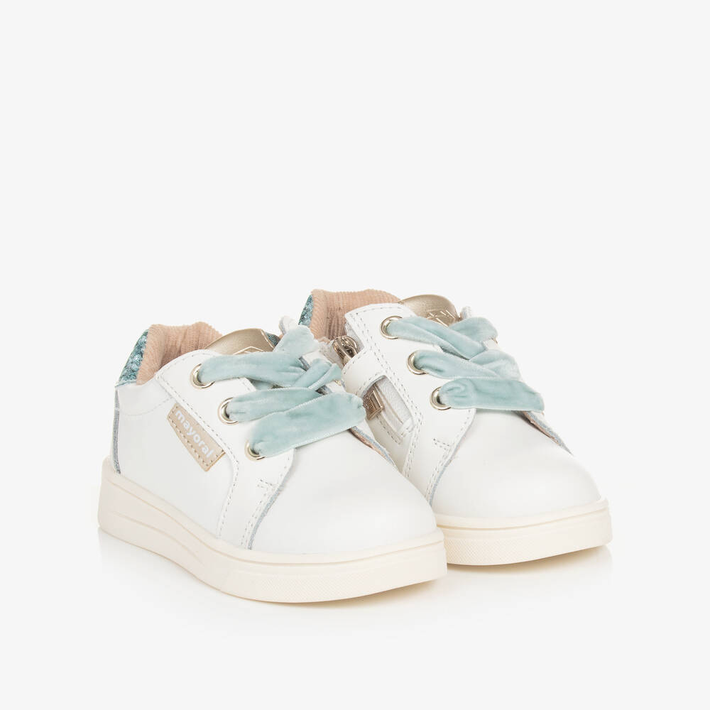 Mayoral - Baby Girls White & Blue Leather Trainers | Childrensalon