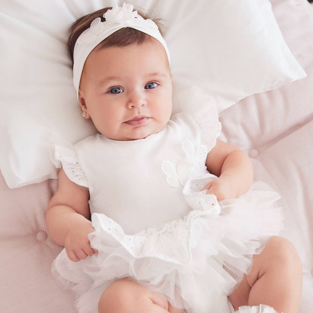 Mayoral-Baby Girls White Cotton Babysuit Set | Childrensalon
