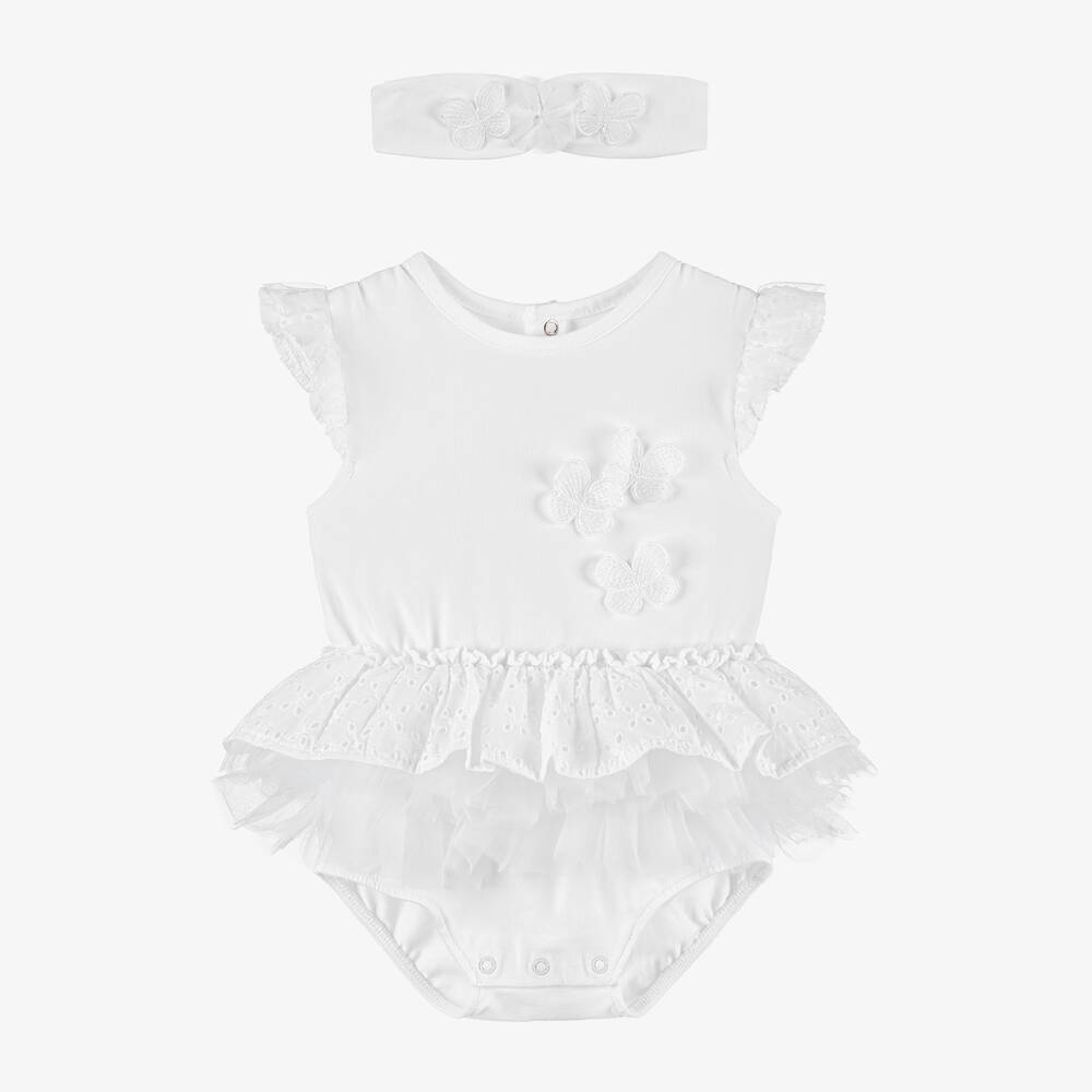 Mayoral - Baby Girls White Cotton Babysuit Set | Childrensalon