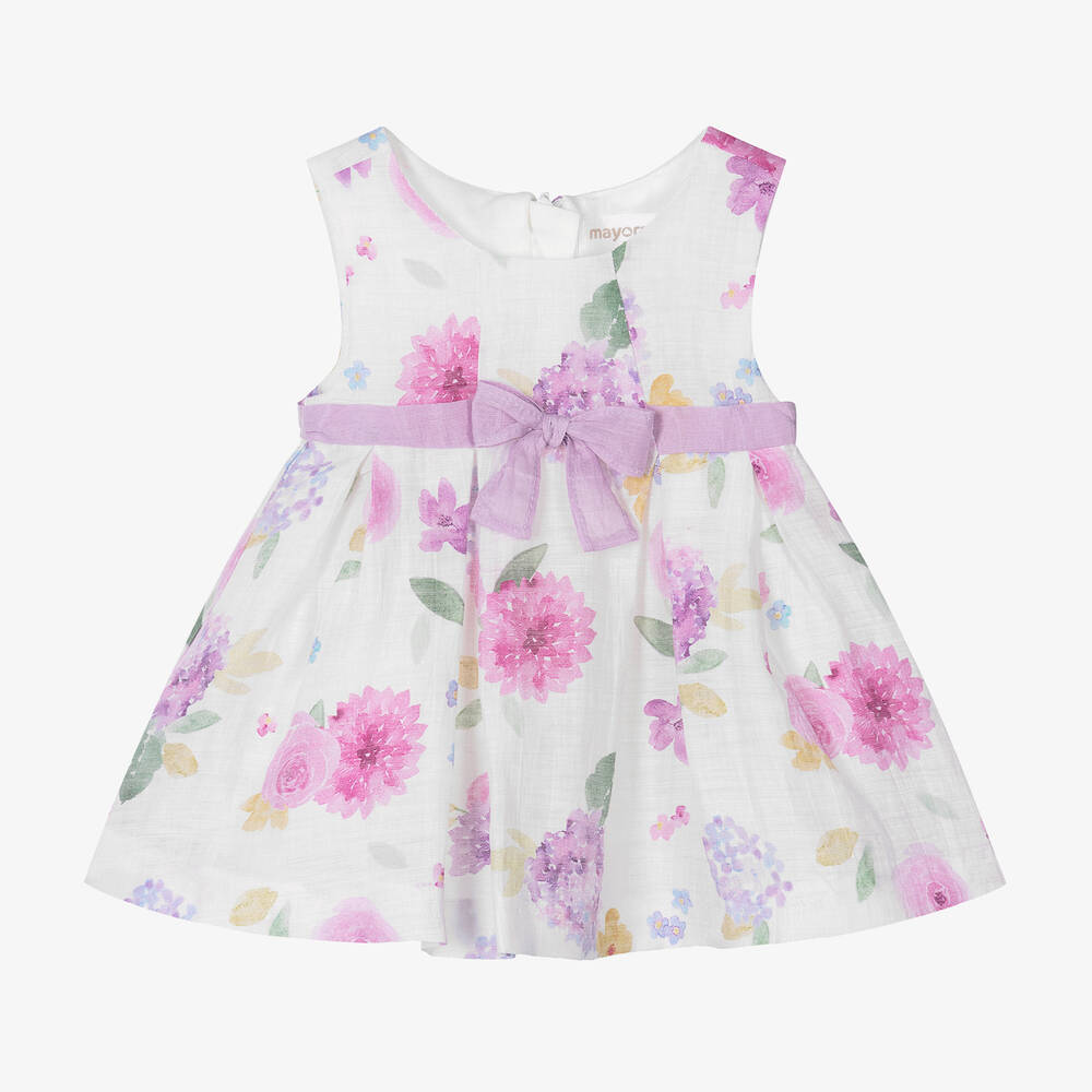 Mayoral - Baby Girls White Linen Floral Dress | Childrensalon