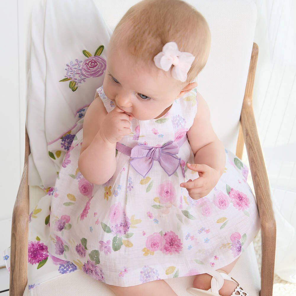 Mayoral-Baby Girls White Linen Floral Dress | Childrensalon