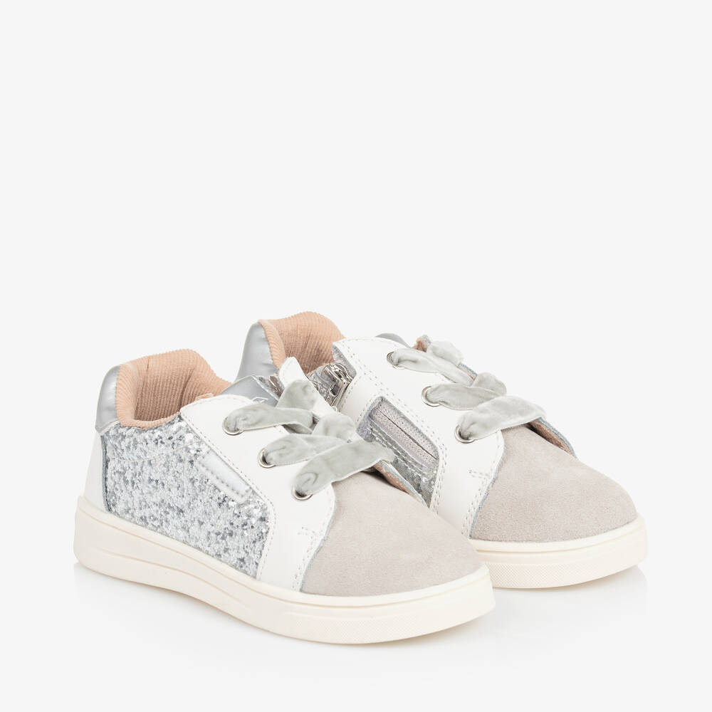 Mayoral - Baby Girls White & Silver Leather Trainers | Childrensalon