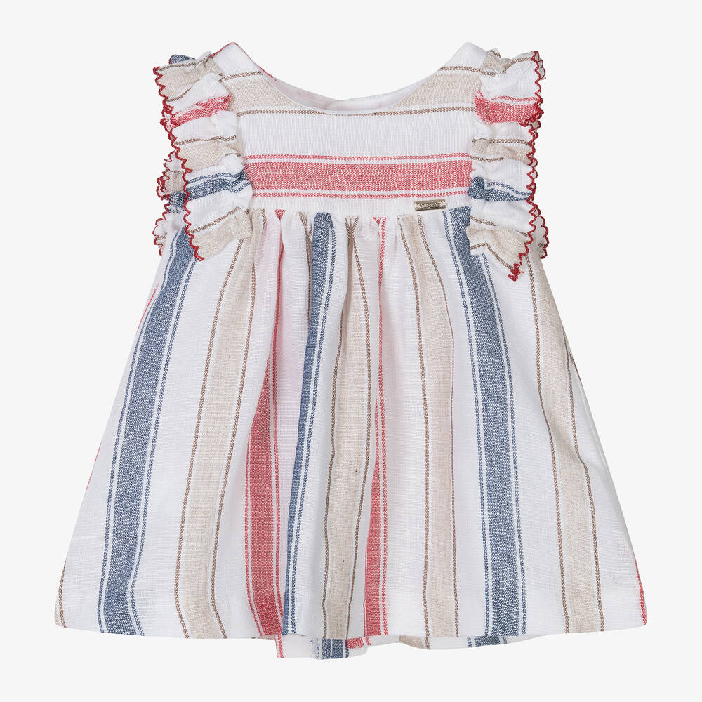 Mayoral - Baby Girls White Striped Linen Dress | Childrensalon